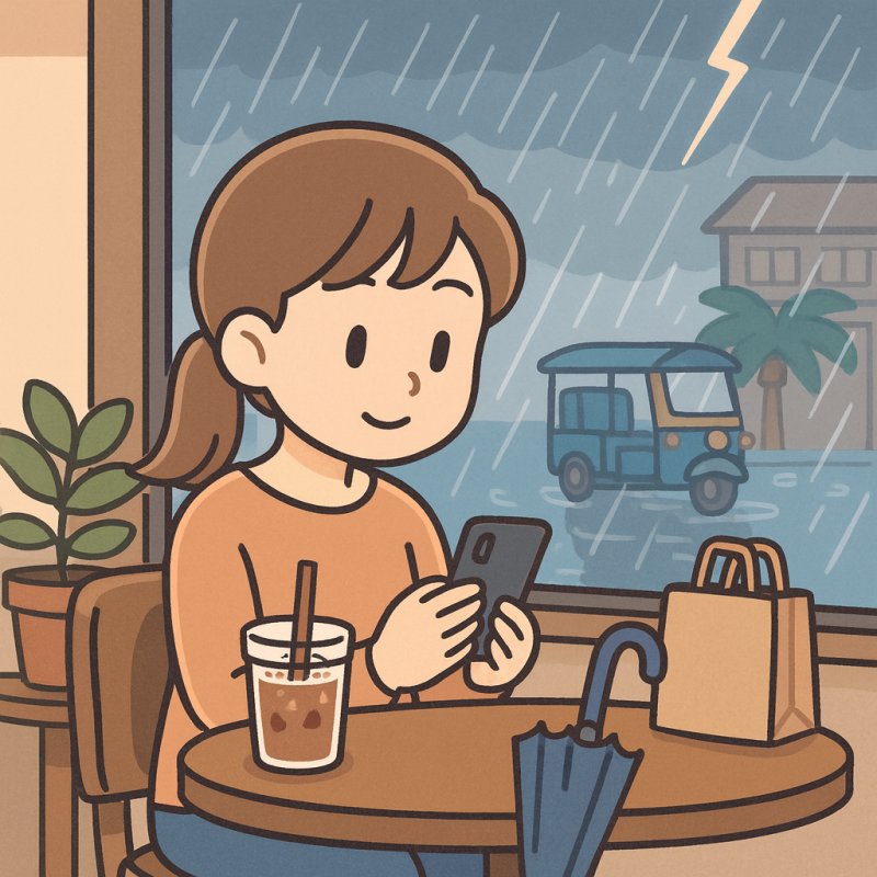 カフェでスコールが止むまで待っているイラスト