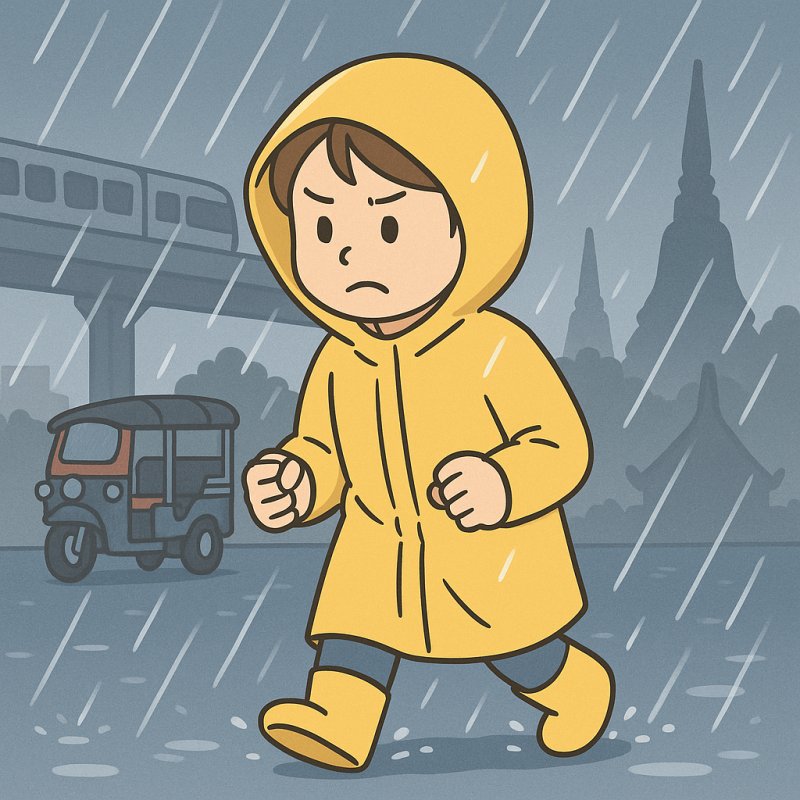 スコールのなかカッパを着て移動しているイラスト