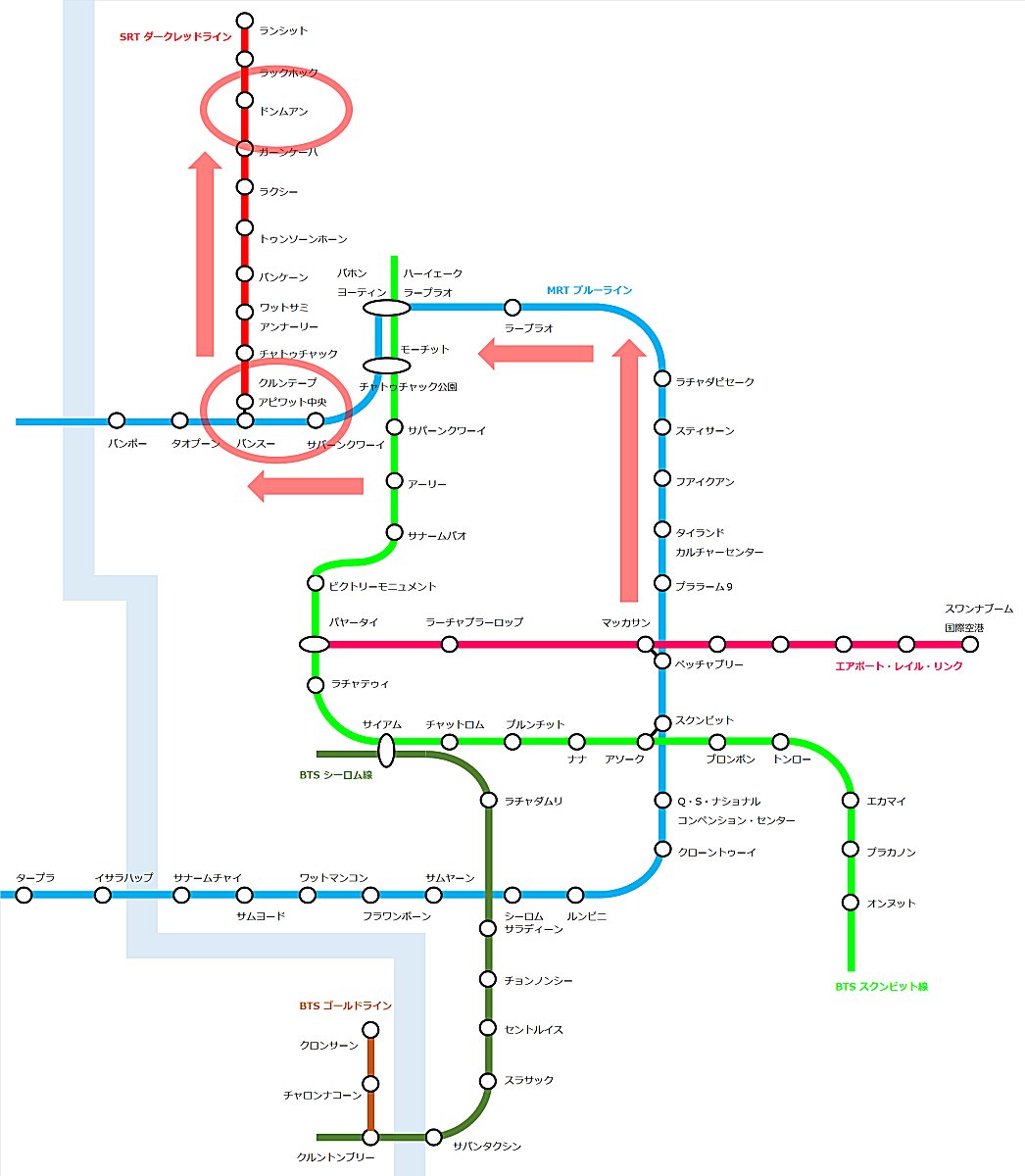 バンコク、ドンムアン空港への路線図