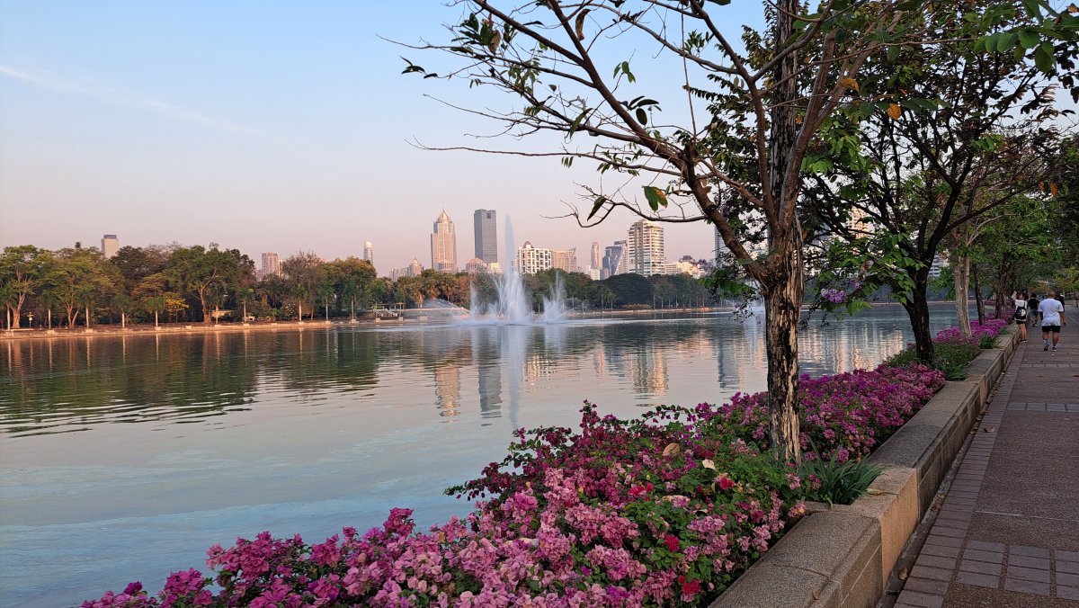 ベンジャキティ公園の池と高層ビルを望む情景